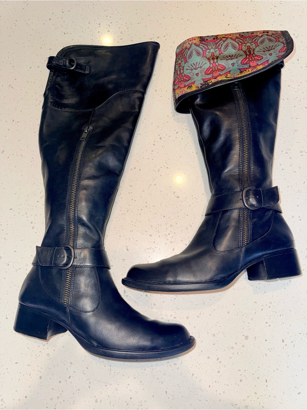 Born Crown Black Leather Knee Boots with Floral Fold-Over Cuff and Lining
